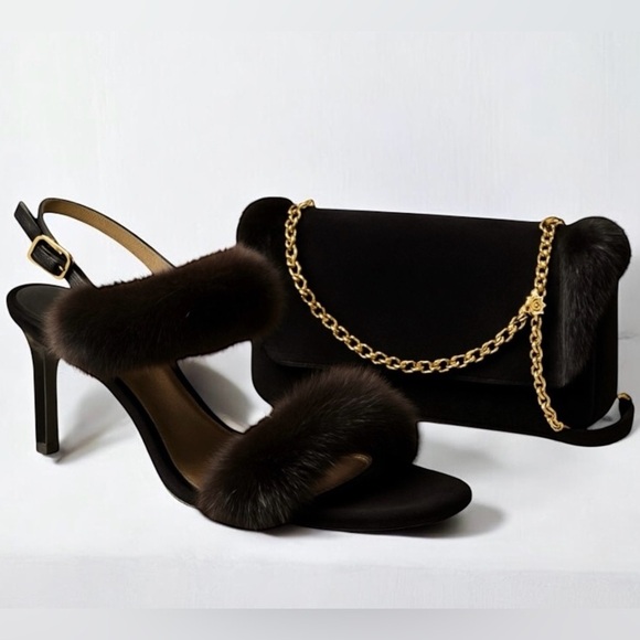 Vintage ESCADA fur kitten heel sandals and matching suede purse women’s size 7.5 - Picture 1 of 15
